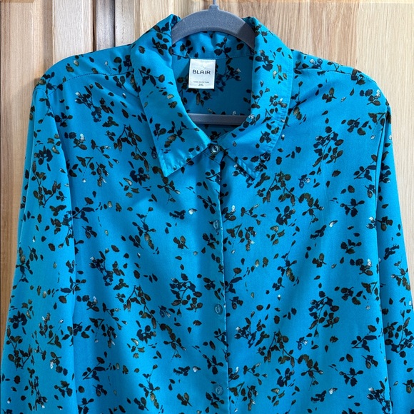 Blair Teal Blue Black Leafy Flowy Long Sleeve Tunic Button Up Shirt Size 2XL - Picture 2 of 9